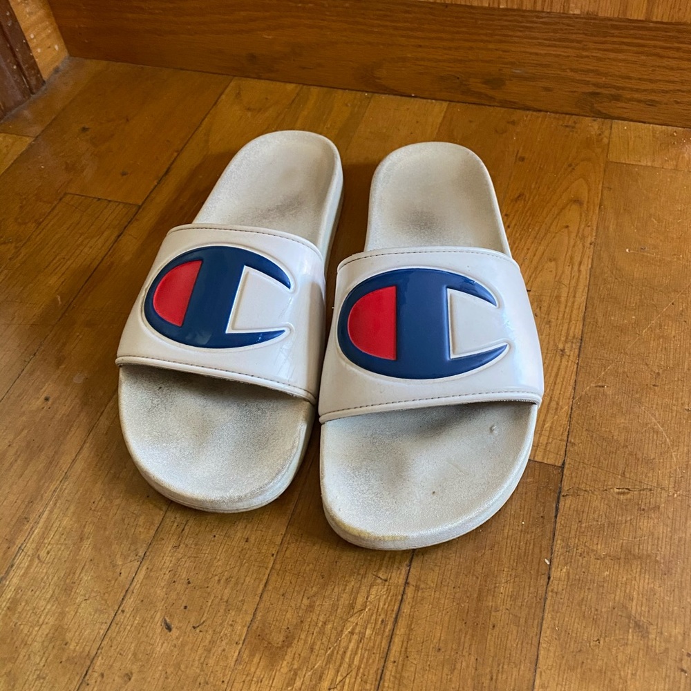 Champion White Slide Sandals with Blue and Red Logo